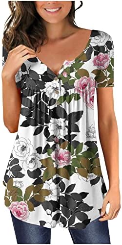 Nokmopo boho tops para mulheres túnicas de manga curta tops soltos casuais tops de tamanho plissado botão de túnica casual de verão floral