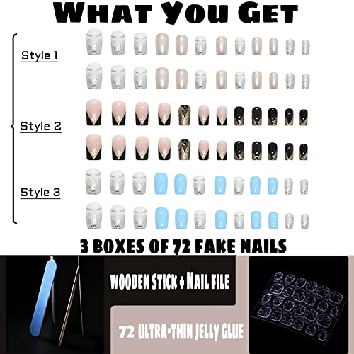 Yosomk 72 PCs Pressione as unhas de luxo curto de luxo com lantejoulas com lantejoulas de acrílico brilhante unhas falsas para mulheres （3packs）