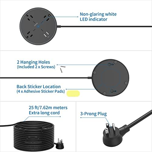 Cordamento de extensão de 25 pés, tira de potência de plugue plana NtonPower com 3 tomadas amplamente espaçadas 2 USB, montagem