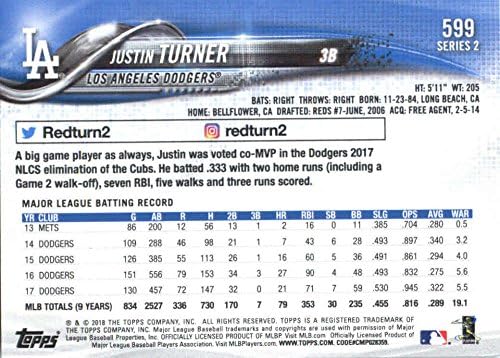2018 Topps Series 2599 Justin Turner Los Angeles Dodgers Baseball Card - GotBaseballCards
