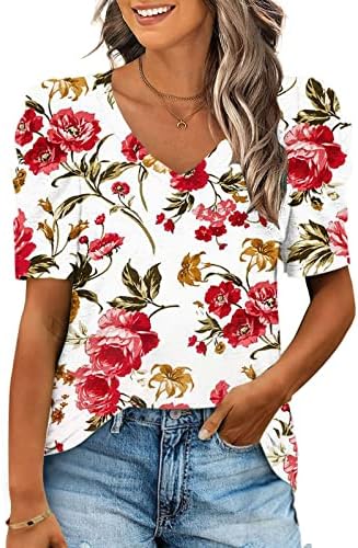 Summer outono Deep V Neck Top Girls Manga curta Manga curta 2023 Cotton Peony Floral Graphic Blouse Casual Tee para Womens