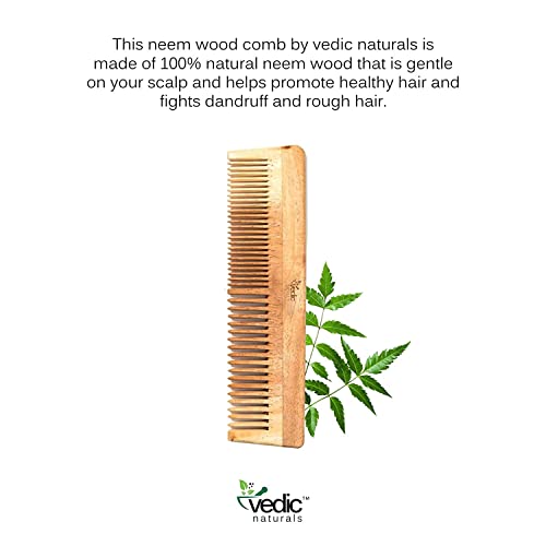 Védico Naturals Pure e Natural Neem Wood Comb | Promove o crescimento do cabelo, reduz a queda de cabelo e a caspa de controle