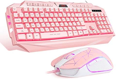 Teclado de jogo rosa e combinação de mouse, Magegee GK710 Teclado rosa de luz de fundo com fio e mouse rosa para meninas, teclado