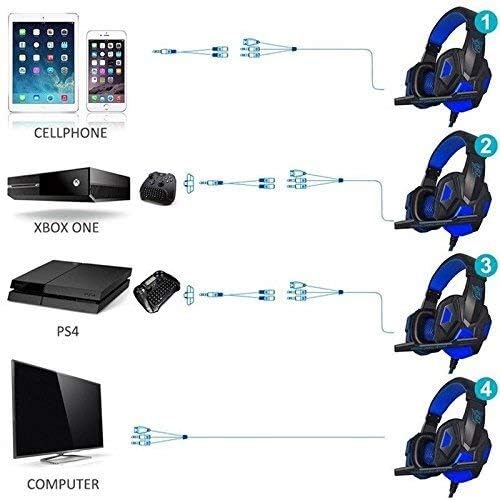 Fone de jogo de jogo de redução de ruído estéreo para PS4, PC, cancelamento de ruído sobre fones de ouvido com, luz LED, baixo a ambiente, movimentos de ouvido de memória macia para jogos de laptop （vermelho/azul） yang1mn