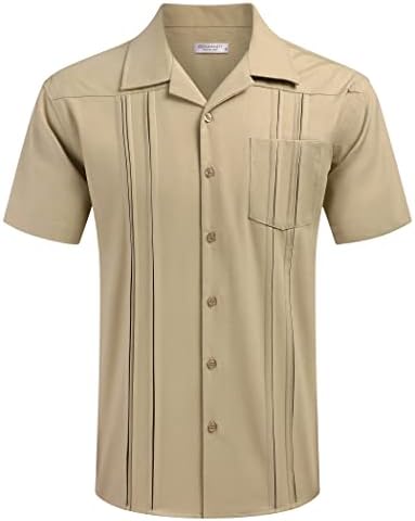 Coofandy Men's Short Slave Cuba Guayabera Camisa relaxada Camisa de linho de algodão Casual Button Beach Button Down Down