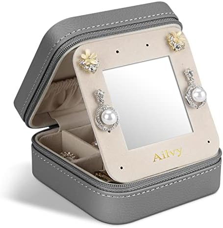 Ailvy Travel Jewelry Organizer com espelho, caixa de joalheria de joias pequenas capa de joalheria portátil para brincos, anéis, colares, pulseira, presente para mulheres meninas