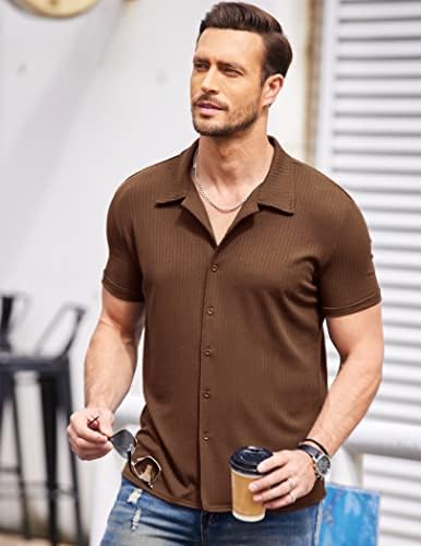 Coofandy masculino de botão para baixo camisetas de manga curta malha malha cubana camiseta slim fit casual sumum tops