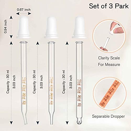 PrettyCare 3 PCs Grootper de vidro para o colírio para dobrar líquido e gotas de medicamento de vidro calibrado de ponta reta para óleos essenciais 1 ml de capacidade