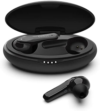 Belkin Soundform Move Plus, fones de ouvido Bluetooth com microfone, botões de orelha portáteis sem fio com estojo de carregamento sem fio, fones de ouvido para iPhone, iPad, Galaxy e muito mais - preto