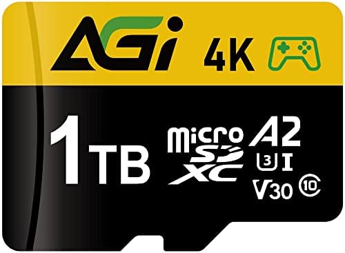 AGI 1TB TF138 MicrosDXC Memory Card C10 U3 V30 A2 Adaptador de cartão SD Micro SD é acompanhado para usar com DSLRs, camecorders