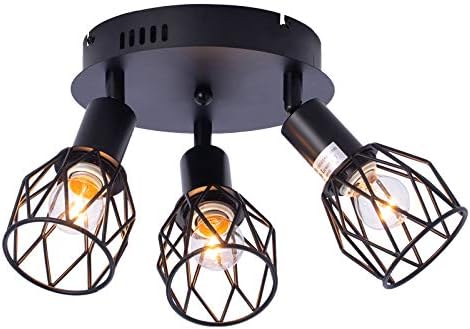 Luz de teto de montagem semi-descarga industrial, luminárias de teto multidirecional com 3 luzes, iluminação pendente de gaiola de gaiola de gaiola de gaiola de arame preto vintage para sala de jantar para cozinha, quarto de vestíbulo, quarto e26