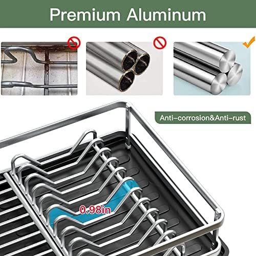 Pxrack Aluminium Dish Secying Rack, pratos grandes para balcão de cozinha, rack de prato anti-ruído multifuncional e conjunto