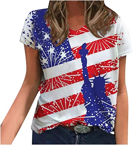 American Flag Impresso Tshirts for Women, 2023 Tops patrióticos 4 de julho Blusa de verão de verão Camiseta de manga curta V