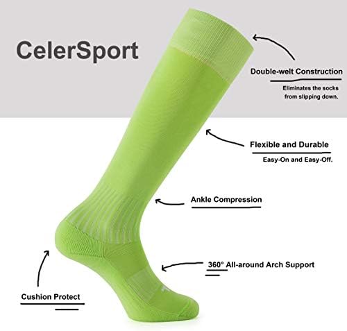 Celersport 2 Pack Soccer Socks for Youth Kids Adult Over-the-Meocks com almofada, verde fluorescente, x-small