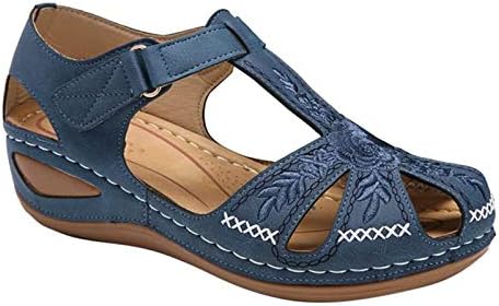 Sandália romana vintage feminina Bohemia Gladiator Wedges fechou o dedo do dedo do pé casual Strappy Travel ao ar livre praia de sapatos confortáveis