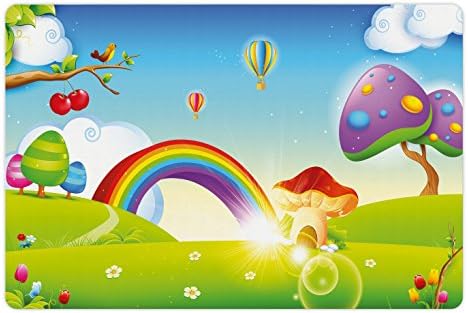 Lunarable Cartoon Pet Tapete Para comida e água, casas de cogumelos Primavera Sunrizes de sol Garden nuvens de arco-íris