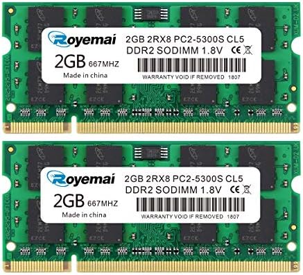 4GB Kit DDR2 667MHz PC2-5300 SODIMM, ROYEMAI 2GB 5300S RAM 1.8V CL5 200PIN MEMÓRIA MODULO
