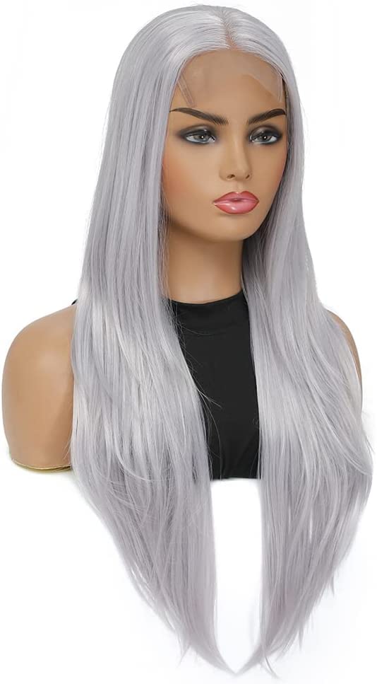 Ishine Long Grey Wigs para mulheres, perucas dianteiras de renda com parte do meio, 4x4 Lace Grey peruca reta Natural Wig