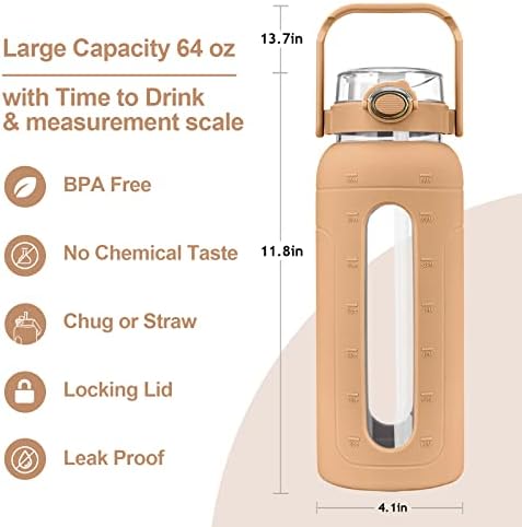 Garrafa de água de vidro de 64 oz de 64 oz com marcador de tempo, garrafa de água grande motivacional com medição e palha flip, tampa