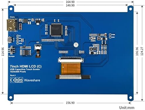 Tela de toque capacitiva de 7 polegadas waveShare compatível com Raspberry Pi 4b/3b+/3a+/2b/b+/a+/zero/zero w/wh/zero 2w cm3+/4 1024 × 600 Resolução HDMI IPS Baixa potência Janelas de consumo de energia