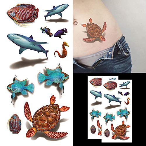 Oottatati 3d Beach Sea Marine Animal - Subaquático World Shark Turtle Hippocampus Fish Hand Tattoo temporário