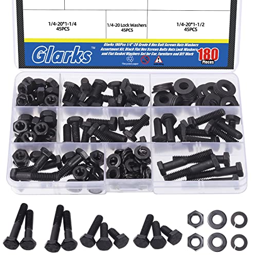 Glarks 180pcs 1/4 -20 grau 8 parafusos de parafusos hexáticos porcas kit de sortimento, parafusos de parafusos azulados