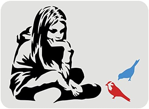 Fingerinspire Banksy Girl com Blue Bird Stencil 11.7x8.3inch Banksy Desenho Reutilizável Estêncil Diy Banksy Decoração Estêncil