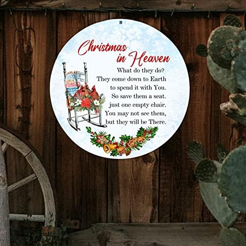 Decstic Welcome Plin, Christmas in Heaven Round Metal Tin Signs Red Bird na cadeira Mistletoe Wreath Sign Merry and Bright Wall Art Sign para Kitchen Bar Pub Coffee Shop 9x9in