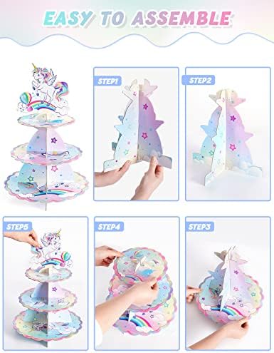 Stand de cupcakes unicorn - Decorações de festas de unicórnio do arco -íris para meninas de aniversário de 3 camadas