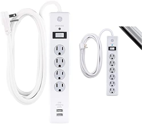 Protetor de pula GE, 4 pontos de venda 2 portas USB, 8 pés longos. Cordão de alimentação, branco, 25798 e ge 6-outlet Surge Protector,