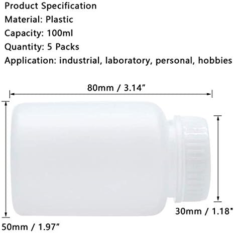 Sscon 100ml plástico de plástico largo de laboratório de reagente garrafa de vedação garrafa de vedação 5 pacotes