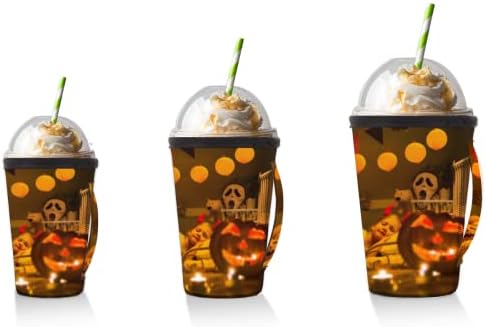 Lanterna de abóbora de Halloween 37 Manga de café gelada reutilizável com manga de neoprene de alça para refrigerante, café