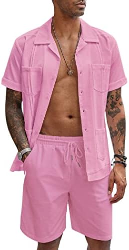 Coofandy masculino de 2 peças masculinas Guayabera Definir camisas de botão de manga curta casual para baixo camisetas e roupas de shorts