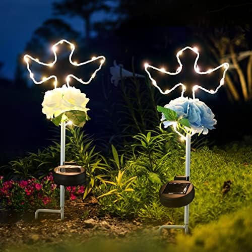 Mibung 2 Pack Solar Cross Garden Stake Lights com flores, 16 polegadas Angel Angel Wings Cross Decorativa Decorativa Decoração ao