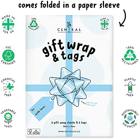 Papel de embrulho de animais Central 23 - 6 folhas de embrulho de presente azul com etiquetas - balões de bolo hipopótamo - papel de embrulho de aniversário - para homens garotas meninas garotas - vem com adesivos - reciclável