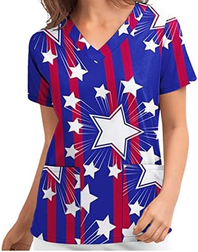 4 de julho Camiseta para mulheres American Flag Summer Summer Manga curta Camiseta V com 2 bolsos Bloups Holiday Casual