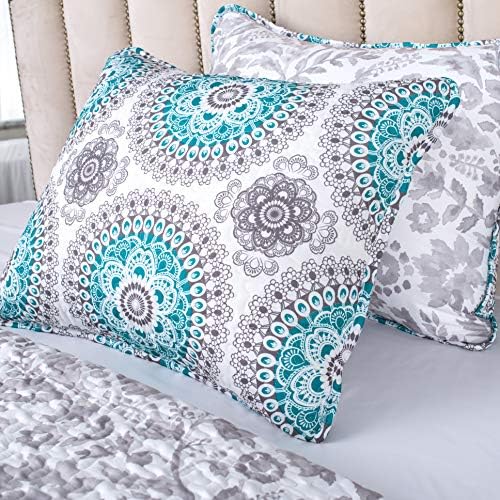 Drifraway 3 peças Bella Reversible Quilt Conjunto de colchas Coverlets Medallion Floral Pattern Cover pré -lavado aqua cinza rei