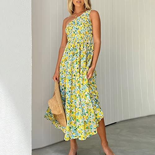 Fragarn Sundresses para mulheres sexy, moda feminina casual um ombro plissado de cor sólida vestido de comprimento médio