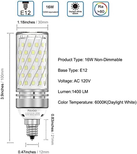 Lâmpadas LED Pavoo E12, lâmpadas de candelabra de 16W LED 120 watts equivalentes, 1400lm, 6000k Daylight White Teto