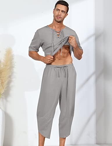 Babioboa masculino de linho de 2 peças de manga curta camisa hippie e calça de harém folggy capri calças de ioga de praia casual roupas