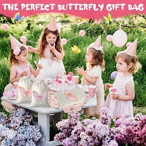 Borbolefly reutiliza sacos de tratamento de festas Butterfly Goody Candy Bags Sacos de algodão com Saco de Bordeira de Garranha de Butterfly Butterfly Butterfly Supplies de festas temáticas para crianças de festas de garotas