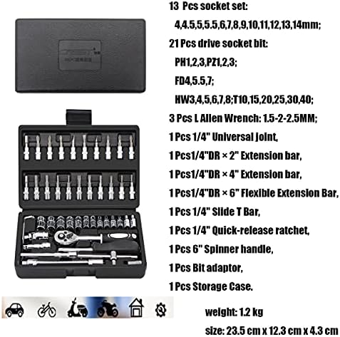 GIKHFSA 46 PCS Kit de ferramentas de chaves de chave de soquete, soquetes e acessórios de 1/4 , conjunto de chaves de soquete, conjunto