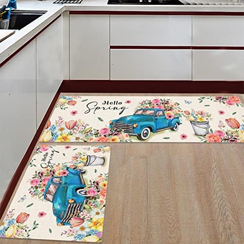 Hello Spring Kitchen Rugs Conjunto de 2, caminhão de fazenda com flores coloridas absorventes tapete de piso da cozinha, não deslizante