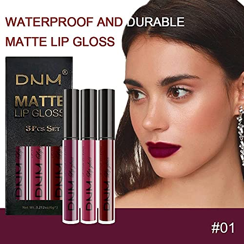 Karnar 3pcs Red Batom Lipstick Purple Matte Red Stain Lip Durning 24 Conjunto de presentes de brilho à prova de água