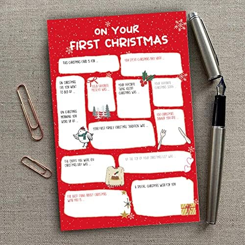 Primeiro cartão de Natal do Baby, DIY Perguntas fofas e cartão de resposta, Cartão de Natal de preenchimento exclusivo em branco