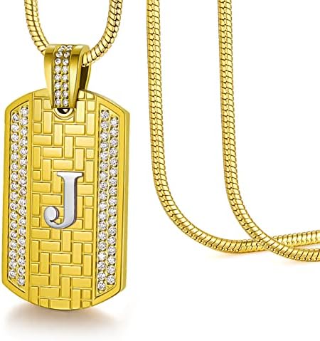 Etevon 18k colar inicial banhado a ouro, ouro de aço inoxidável de aço inoxidável colar pingente Hip Hop Square Chain Jewelry Presente para homens Garoto de aniversário Presente de Natal para marido, pai namorado filho