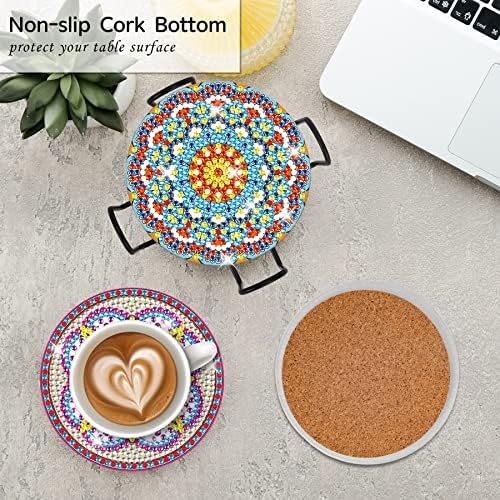 8 PCs Diamond Painting Coasters com suporte, montanhas -russas DIY Mandala pequenos kits de pintura de diamante, coastais de artesanato