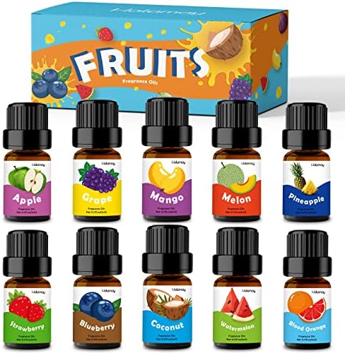 Óleo de fragrância frutado para fabricação de vela e sabão, óleos essenciais de frutas premium de holamay 5 ml x 10 - coco, morango, manga, abacaxi e mais óleos perfumados, óleos difusores de aromaterapia de verão Conjunto