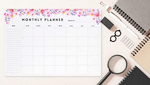 Planejador mensal sem data - grande calendário de mesa - 18 folhas fáceis de rasgar - design floral - 16,4 x 11,2