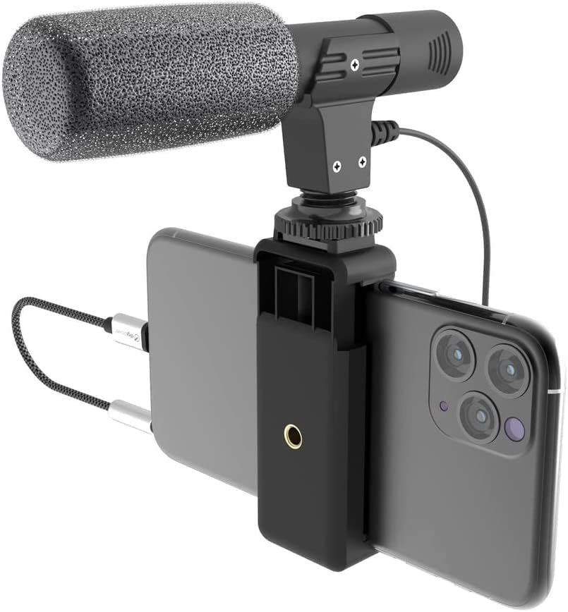 Kit de microfone de espingarda universal EDEALZ com montagem em smartphone e cabo de plugue de 3,5 mm para smartphones,